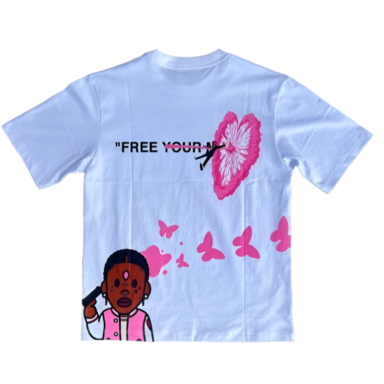 White t-shirt with graphic design of a girl and butterflies on a beige background