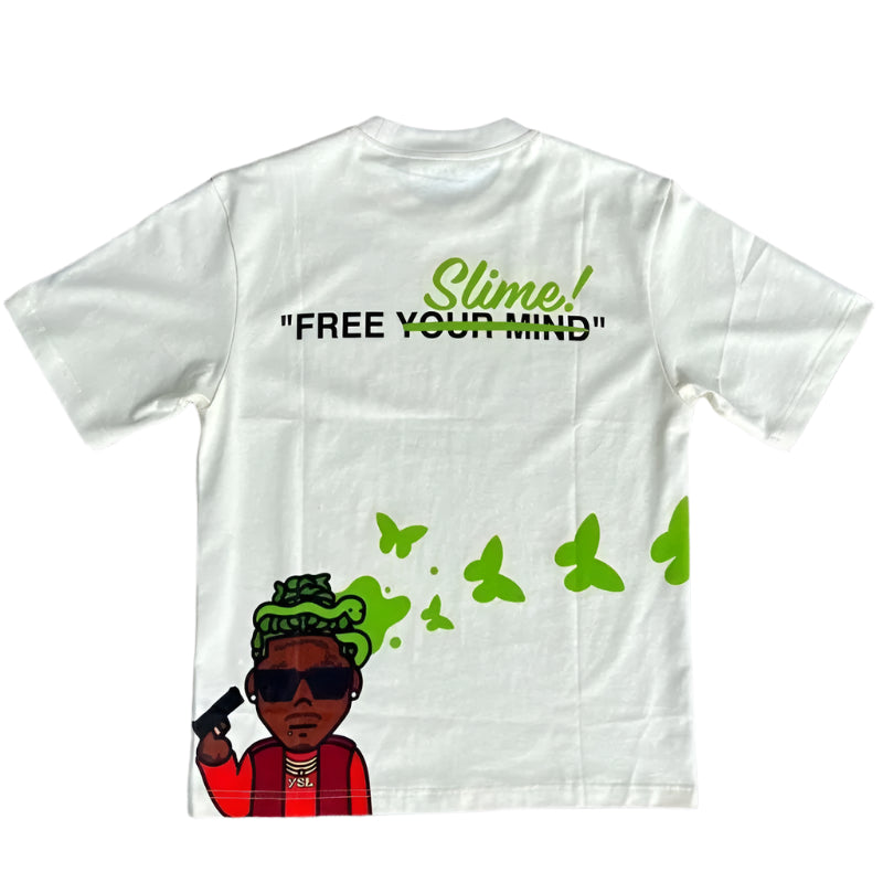 White t-shirt with graphic design and text on a gray background